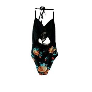 Cupshe Black and Floral Wrap Lace up Back Cutout One-Piece Swimsuit Size M